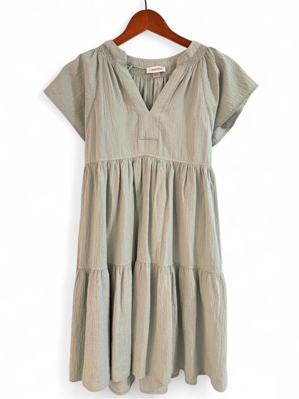 Calvin Klein Women’s Sage Green Tiered Cotton-Blend Dress